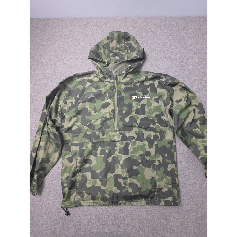 Champion Anorak Jacket Mens Large Green Camo Windbreaker Hooded 1/2 Zip Pullover